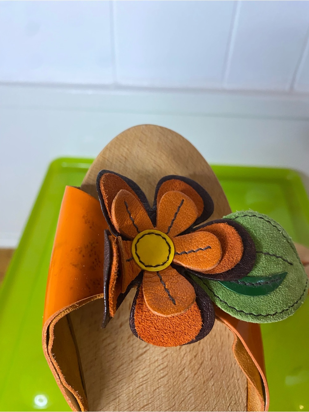 Miu Miu Orange Floral Appliqué Leather wooden kitten heel sandals - Picture 6 of 9